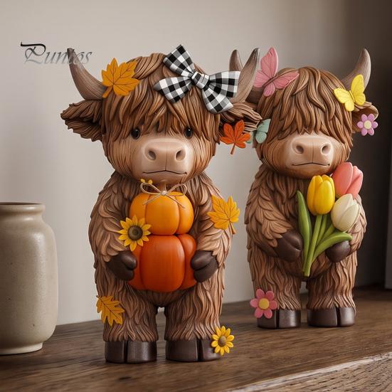 Charming Animal Figurine 4 Pcs Seasonal Highland Cow Figurines, Spring Summer Fall Winter Cute Desk Decor for Office Seasons Scottish Statue,