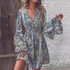 European and American Autumn and Winter New Fashionable and Elegant Women's Paisley Printed V-neck Flared Sleeve Dress
