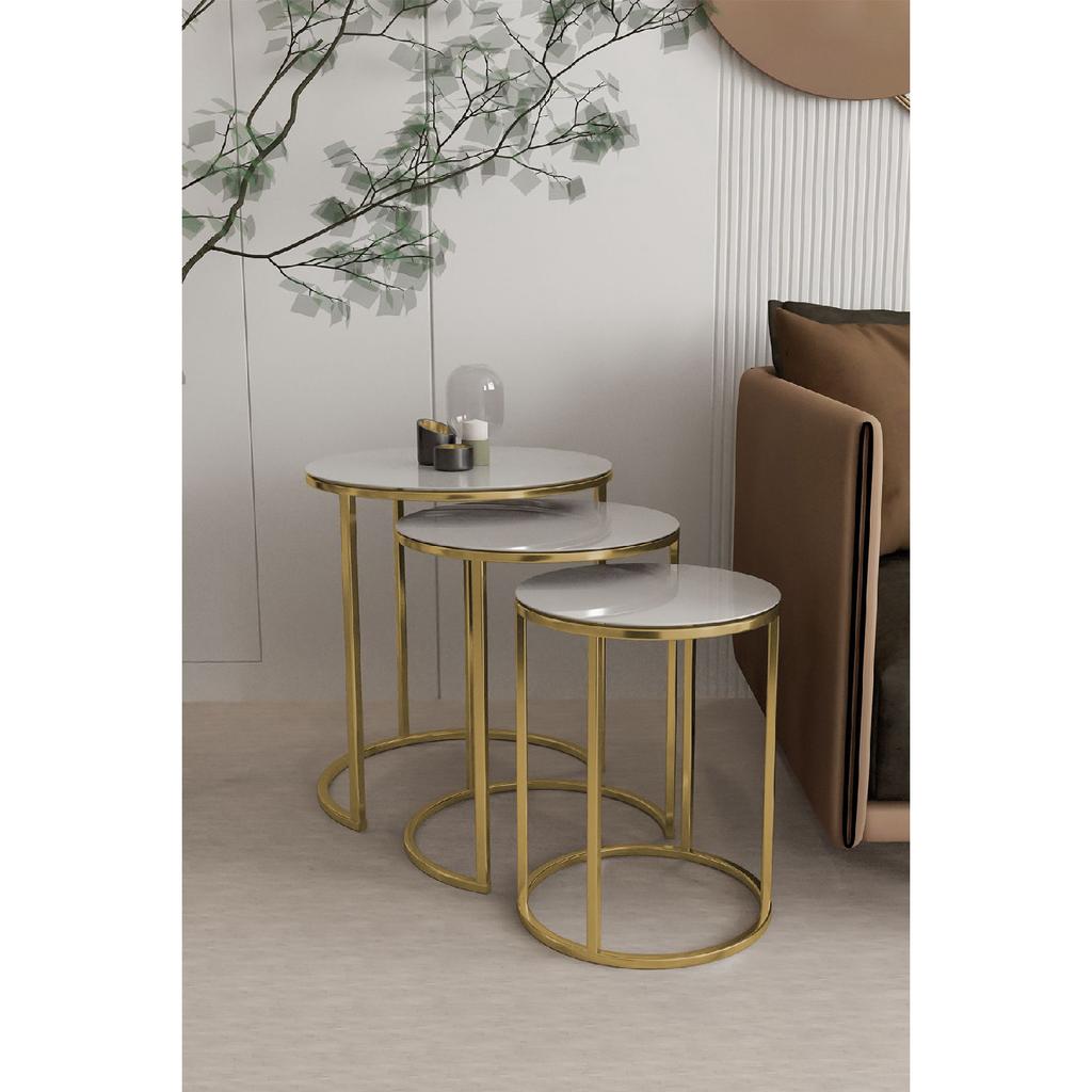 Ceylin 3-seat Nesting Coffee Table Silver Color Metal Leg, White Shatterproof Glass