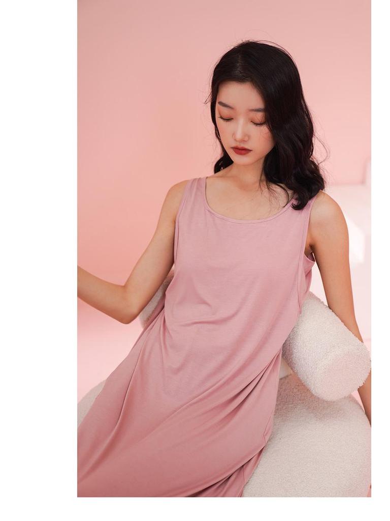 Women's Modal Sleeveless Nightgown with Chest Pad - Spaghetti Strap, Over-Knee Length, Sexy Summer Sleepwear