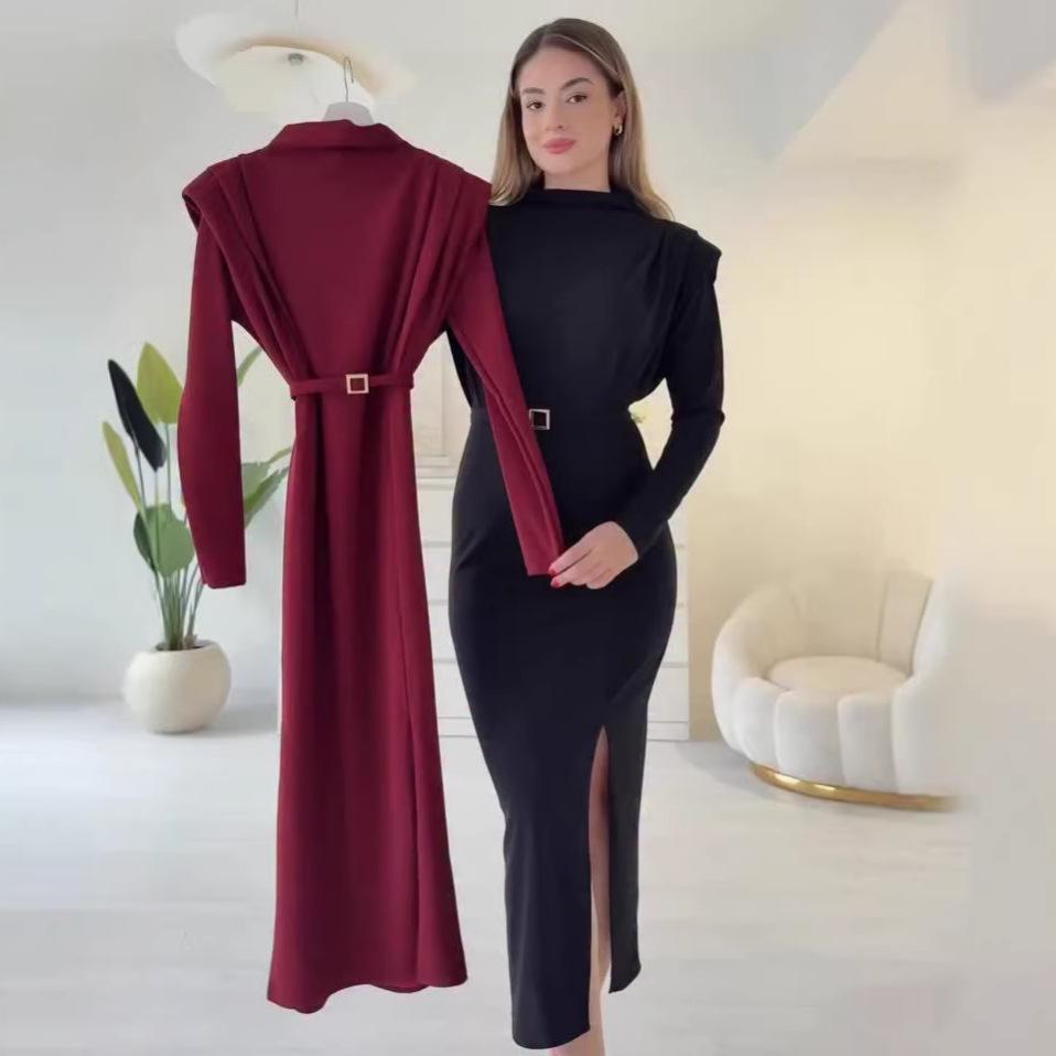 2026 Women's Long Sleeve Bodycon Belted Slit Dress - Elegant European & American Style for Commute