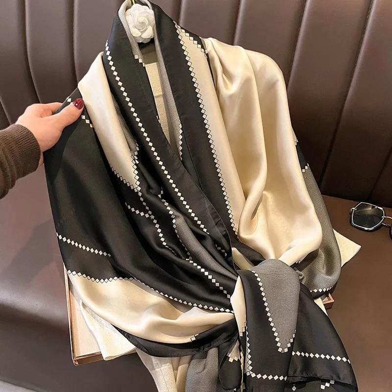 Fashion Printed Stripe Shawl Imitation Silk Satin Scarf Women Lightweight Scarves Outdoor Sunscreen Muffler Hijab 180*85Cm
