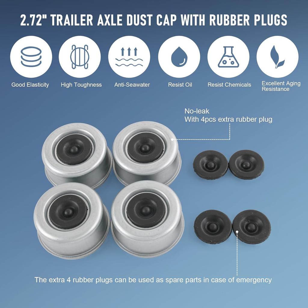 4pcs 2.72" Trailer Axle Wheel Hub and Bearing Dust Cap with Extra 4 Rubber Plugs for Most 7000-8000 lb Wheel Hubs Trailer Dexter EZ Lube Camper RV