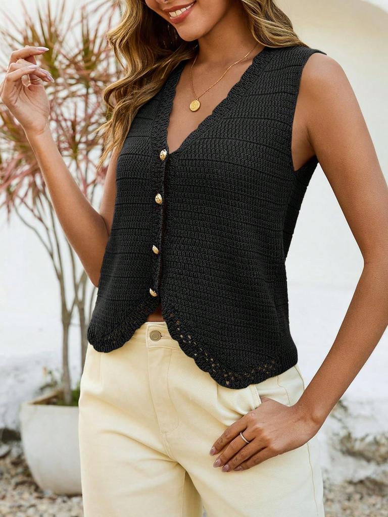 Gilet lavorato all'uncinetto da donna senza maniche con scollo a V corto a bottoni Top estivo in maglia