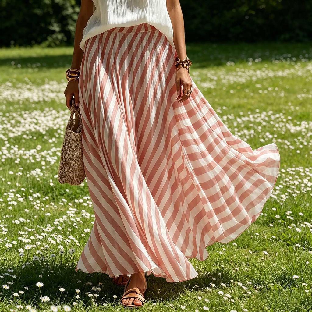 Women's Casual High Waist Pleated A-Line Maxi Skirt Striped Pattern Lightweight Flowing Fabric Comfortable Fit