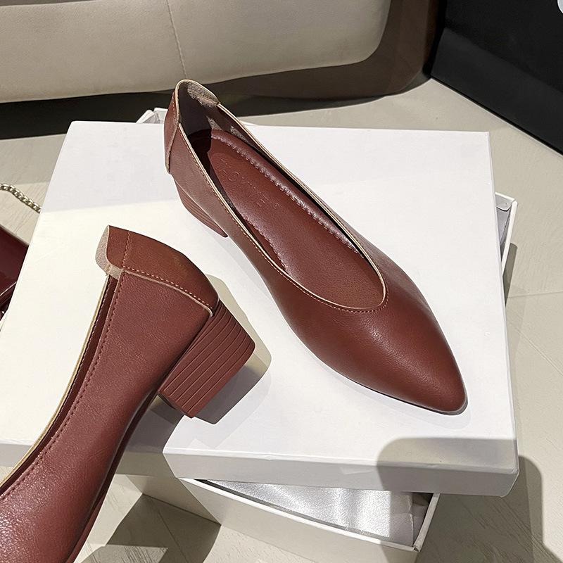 3.5 Cm Leather Spring and Autumn Single Shoes Women's Comfortable Versatile Soft Leather Pointed Work Shoes Occupation Not Tired Feet Thick Heels
