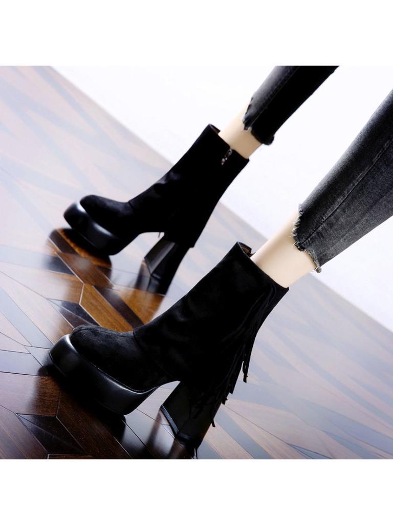 Thick-soled Matte Fringed Short Boots 2025 Autumn and Winter New Retro Waterproof Table Super High Heel Boots Fleece Pants Tube Boots Women