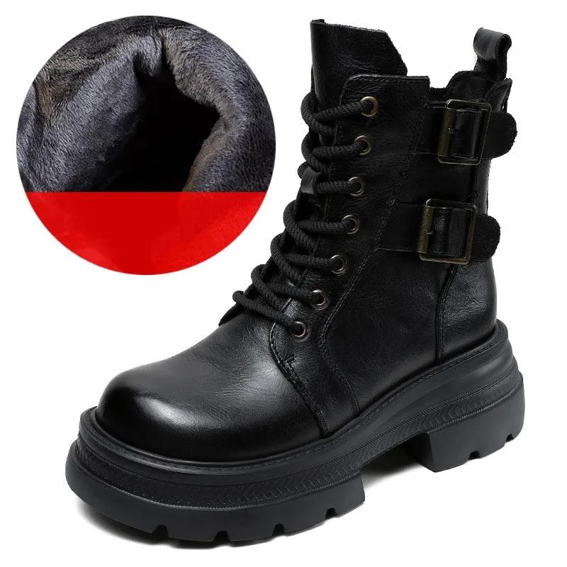 

6CM Women Mid Calf Boots 2024 Autumn Winter Quality Genuine Leather Thick High Heel Platform Wide Head Lace-Up Retro Boots 40
