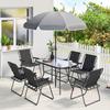 8-Piece Garden Set with Parasol, 6 Folding Chairs and Tempered Glass Outdoor Table, Black