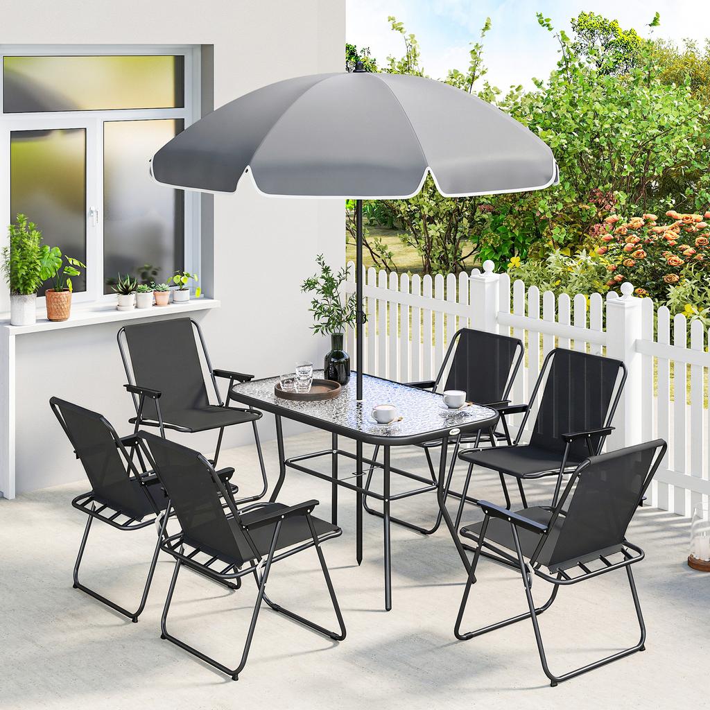 8-Piece Garden Set with Parasol, 6 Folding Chairs and Tempered Glass Outdoor Table, Black