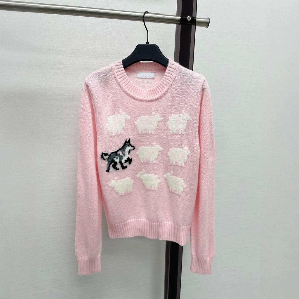 Cartoon Sheep & Dog Jacquard Knit Sweater for Women - Sweet, Soft, Age-Reducing Design with Round Neck and Long Sleeves.