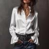 Spring New Women's Solid Satin Elegant Long Sleeve Single-Breasted Shirt Blouse, Leisure Casual Top