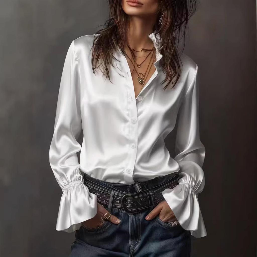 Spring New Women's Solid Satin Elegant Long Sleeve Single-Breasted Shirt Blouse, Leisure Casual Top