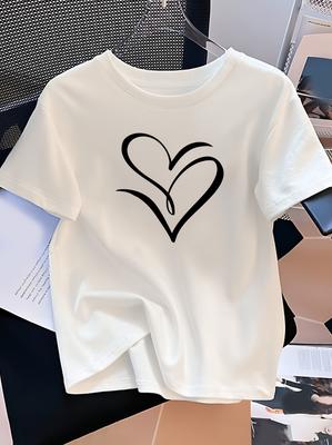Women's Casual Crew Neck T-Shirt with Heart and Letter Print Spring and Summer Season Comfortable Everyday T-Shirt Playful