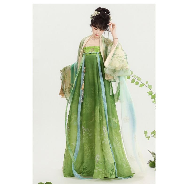 Grünes Hanfu-Set der Tang-Dynastie - Chiffon Qixiong Ruqun mit Pishan-Umhang, Traditionelles Chinesisches Kleid für Damen für Frühling und Sommer