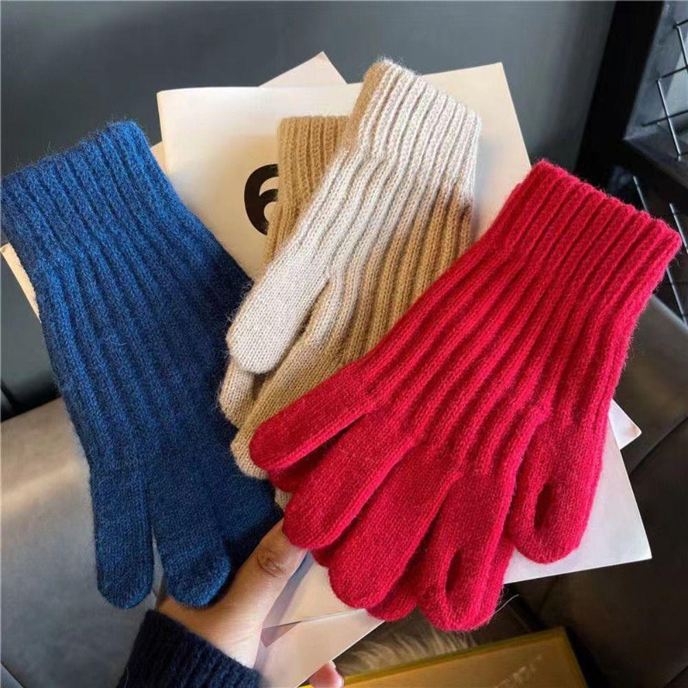 Windproof Full Finger Gloves Solid Color Cycling Mittens Winter Women's Knitted Gloves