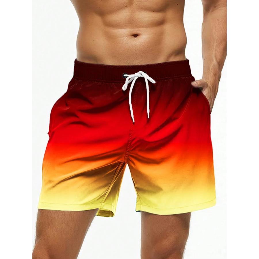 Men's Beach Shorts Gradient Color Block Drawstring Summer Men's Swim Trunks Elastic Waist 3D Print Breathable Short Streetwear