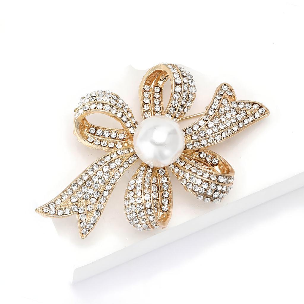 Full Diamond Bow Brooch, Elegant and Feminine Pearl Brooch, Light Luxury and High-end Design Sense Brooch