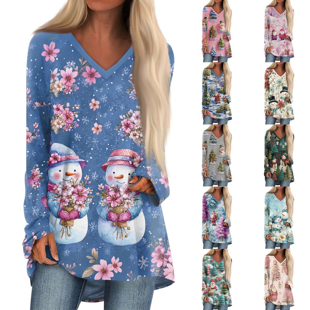 Ladies' Fashionable Casual Christmas Printed T-shirt Long Sleeved V-neck Mid Length Top