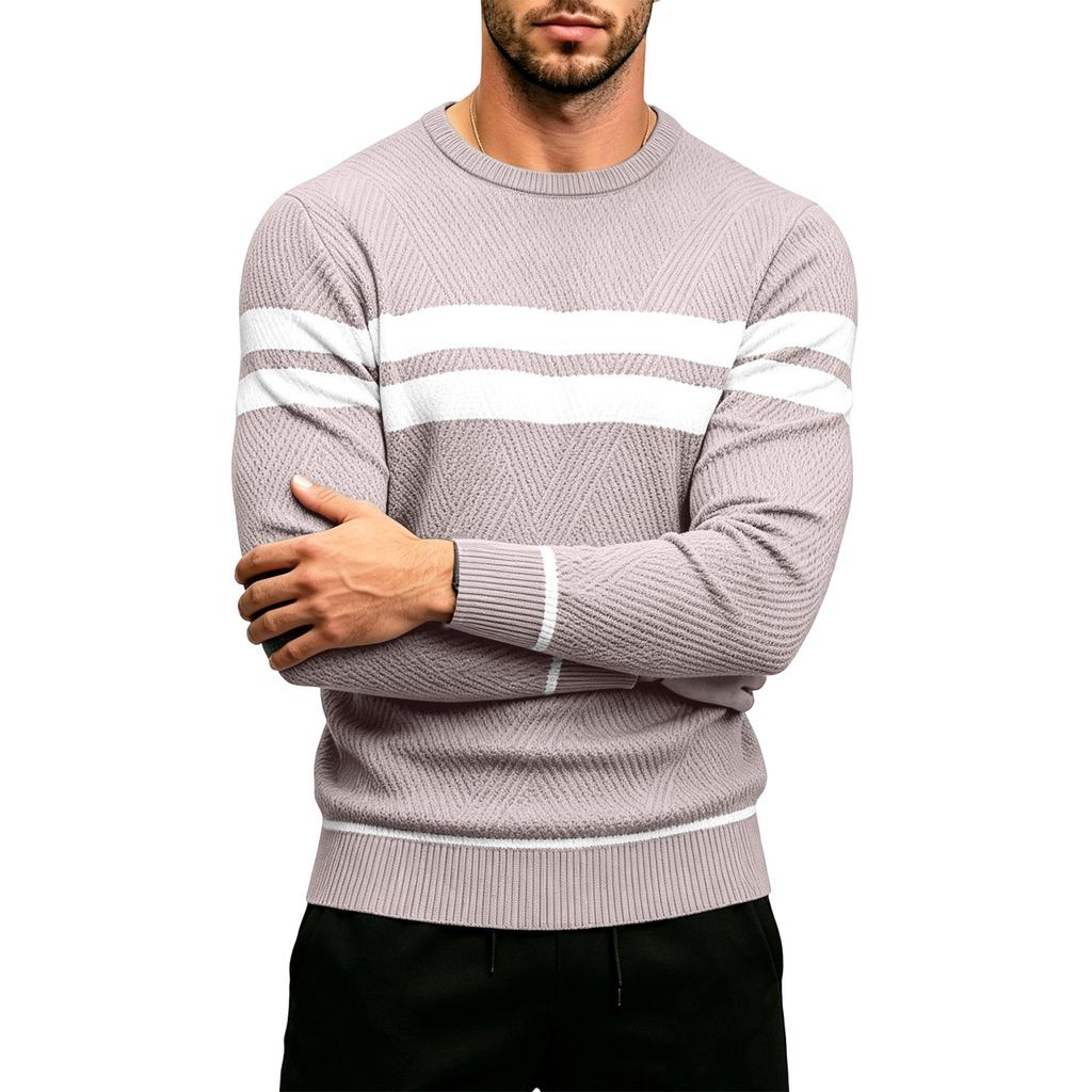 Men's Striped Round Neck Pullover Sweater Casual Long Sleeve Knit Top for Fall Winter