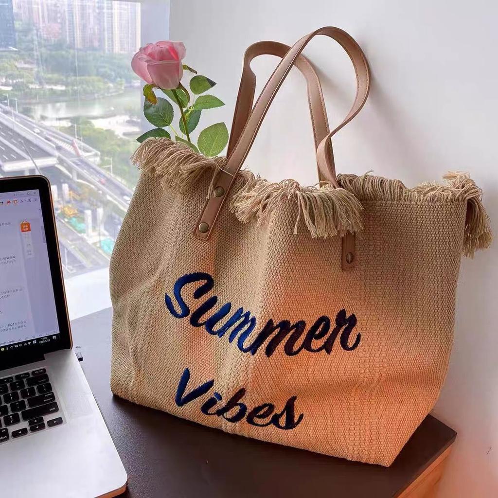 Tassel Letter Niche Embroidered Canvas Bag Shoulder Underarm Messenger Bag Large Capacity Bag
