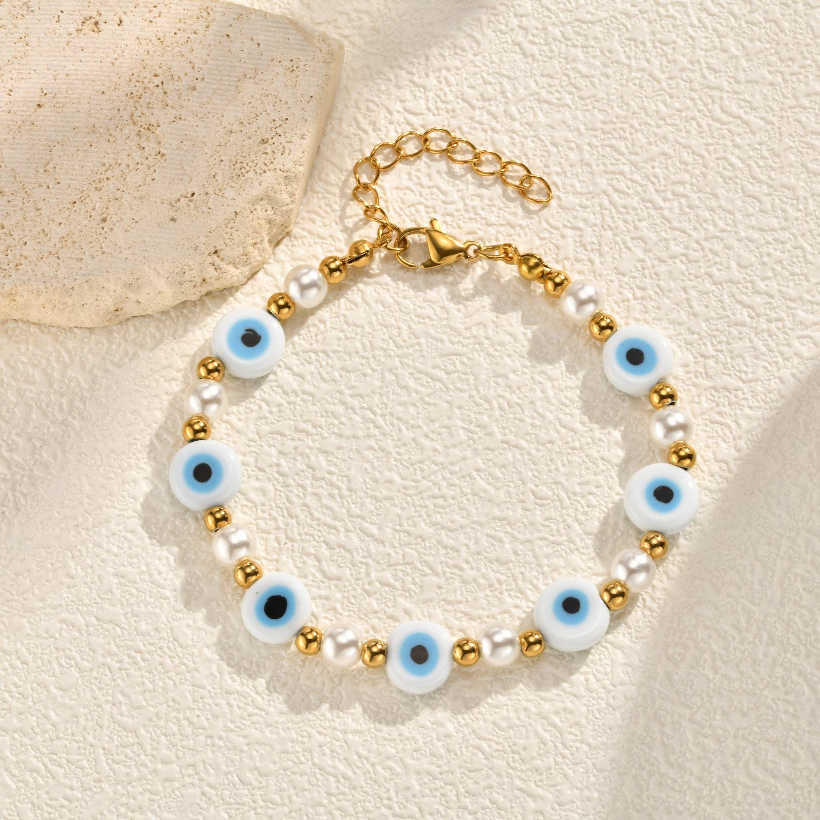 

Imitation Pearl Lucky Blue Evil Eye Bracelet for Women, Stainless Steel Adjustable Beads Bracelet, Birthday Party Jewelry Gifts
