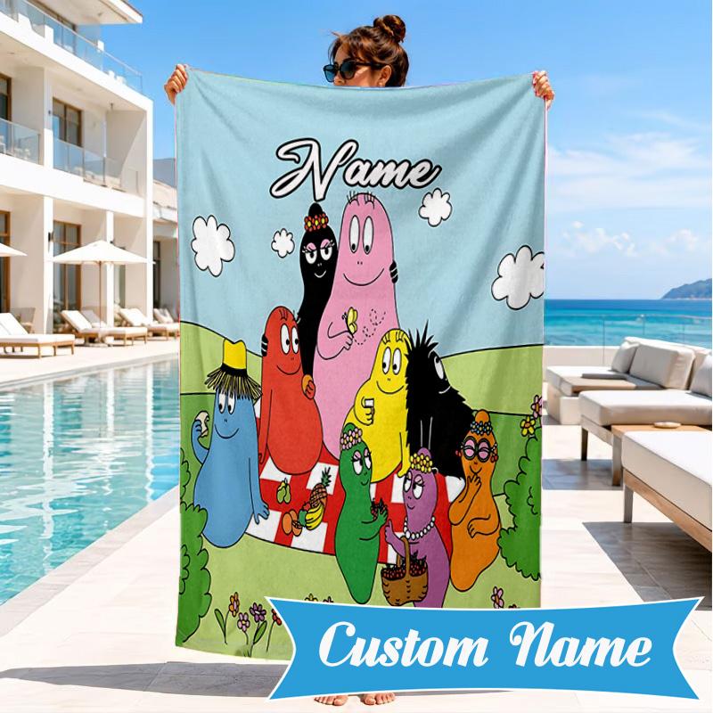Custom Name Colorful Cartoon Barba-papa Heart In Space Adventure Microfiber Beach Towel, Lightweight for Summer Travel, Swimming Pool Fan Gift