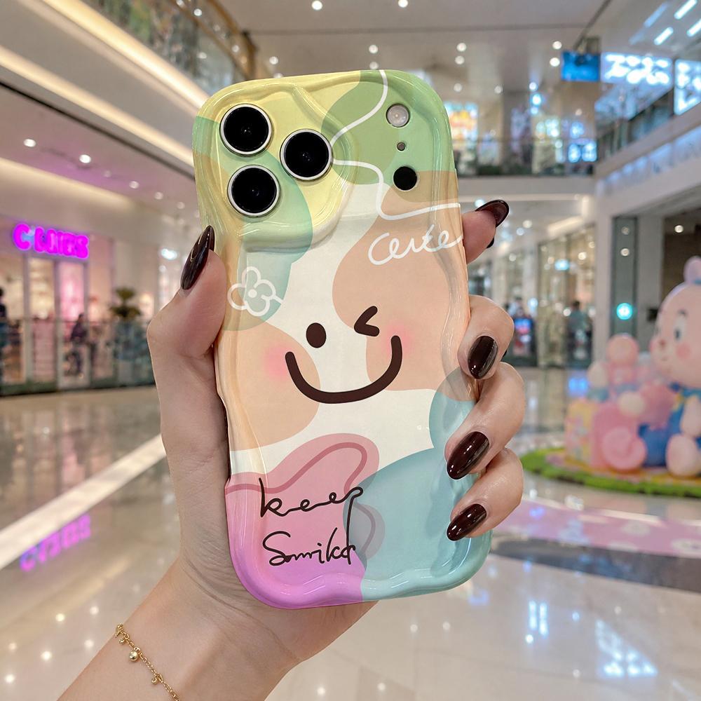 Keep Smiled Wink Heart Pastel Color Block Wavy Edge Phone Case For iPhone 17 16 15 14 13 12 11 8 7 Plus Pro Max Cute Cover