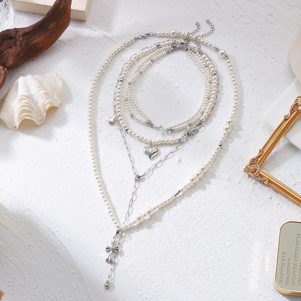 Cross Heart Faux Pearl Multi-layer Necklace - Y2K Style
