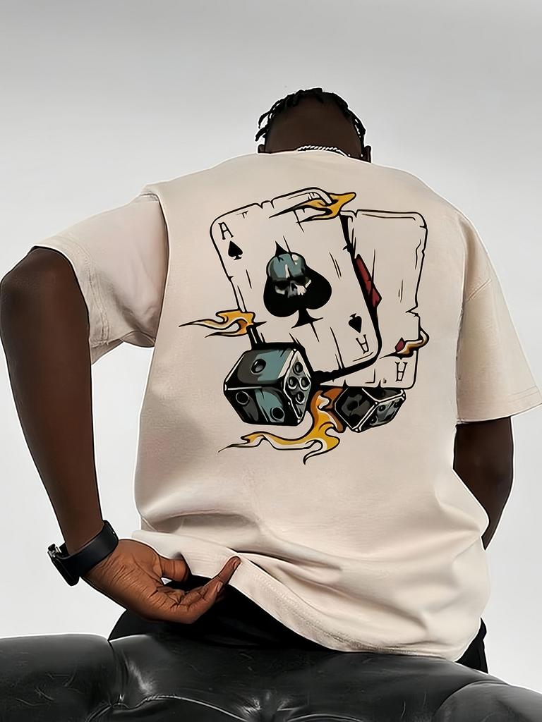 T-shirt da uomo estiva 100% cotone puro alla moda casual larga con stampa a picche e dadi, girocollo, manica corta