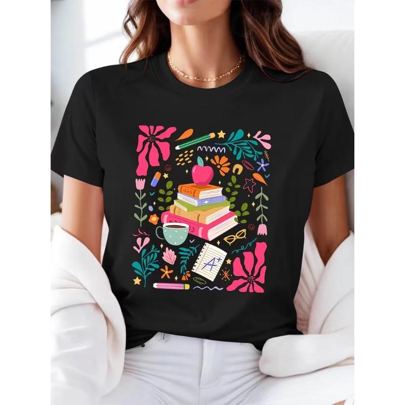 Unisexs Cute Stacked Teacher Books Graphic Tee Colorful Floral School Supplies Print Crew Neck Short Sleeve Casual TShirt
