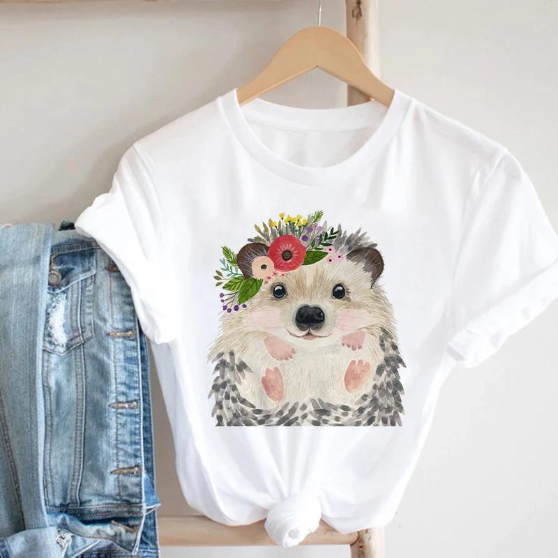 Pink Women Tshirts Casual Cute Cartoon Hedgehog Floral Graphic Print Female Tee Tops Harajuku Fashion Short Sleeve T Shirt Femme