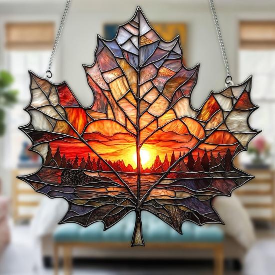 Maple Leaf Sun Catcher Sunset Hanging Decoration Stained Glass Style Acrylic Ornament for Bedroom Kitchen Window Balcony