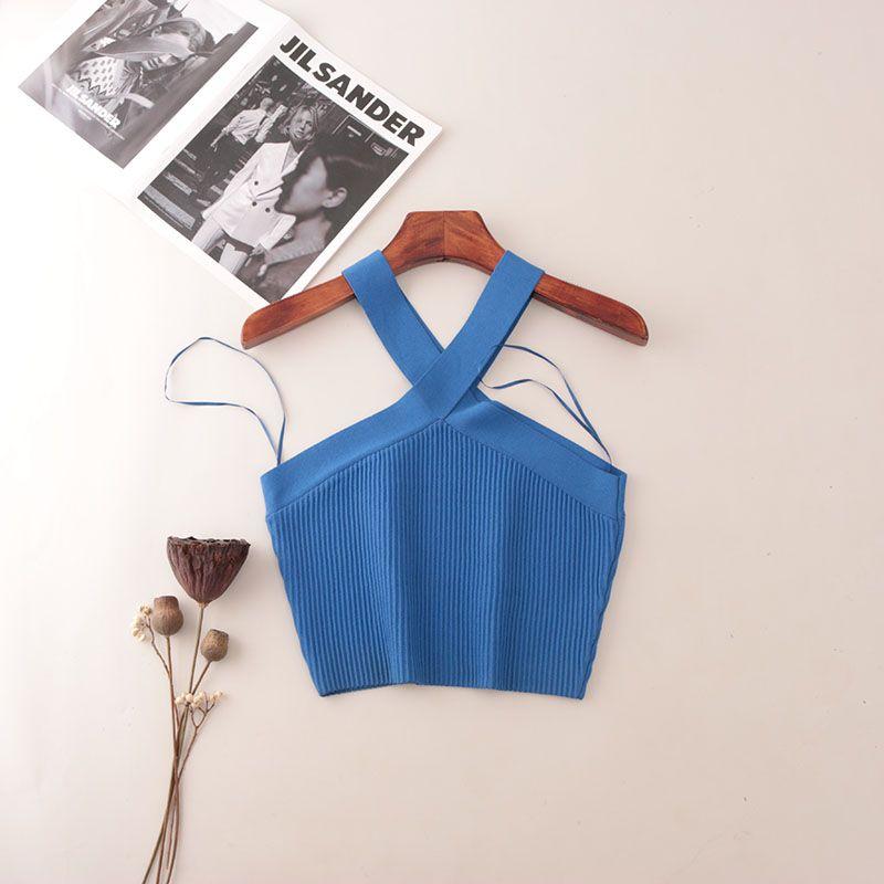American Fashion Brand Cross Hanging Neck Cami Summer Rib Solid Sexy Short Knitted Top Women
