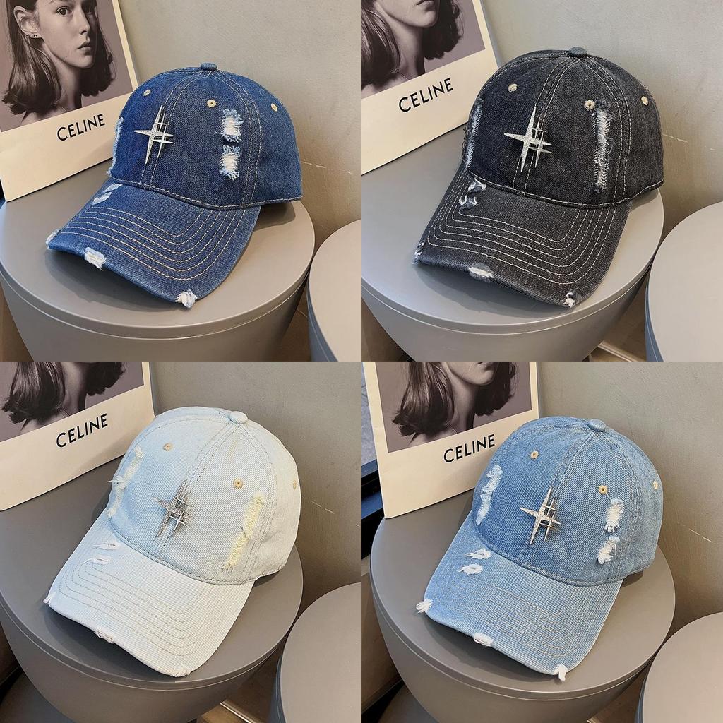 Vintage Denim Baseball Cap For Women Men With Embellished Water Drip Stars Stylish Sun Hat
