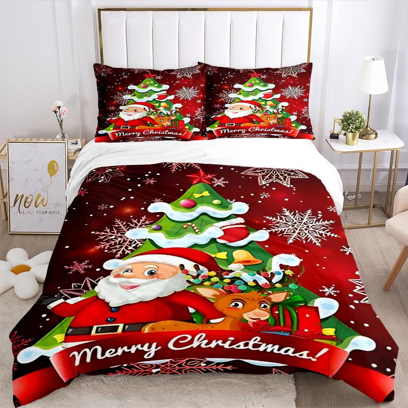 3pcs Merry Christmas! Santa Claus & Reindeer Bedding Set, Includes 1 Quilt Cover and 2 Pillowcases (No Core), Festive Gift for Bedroom