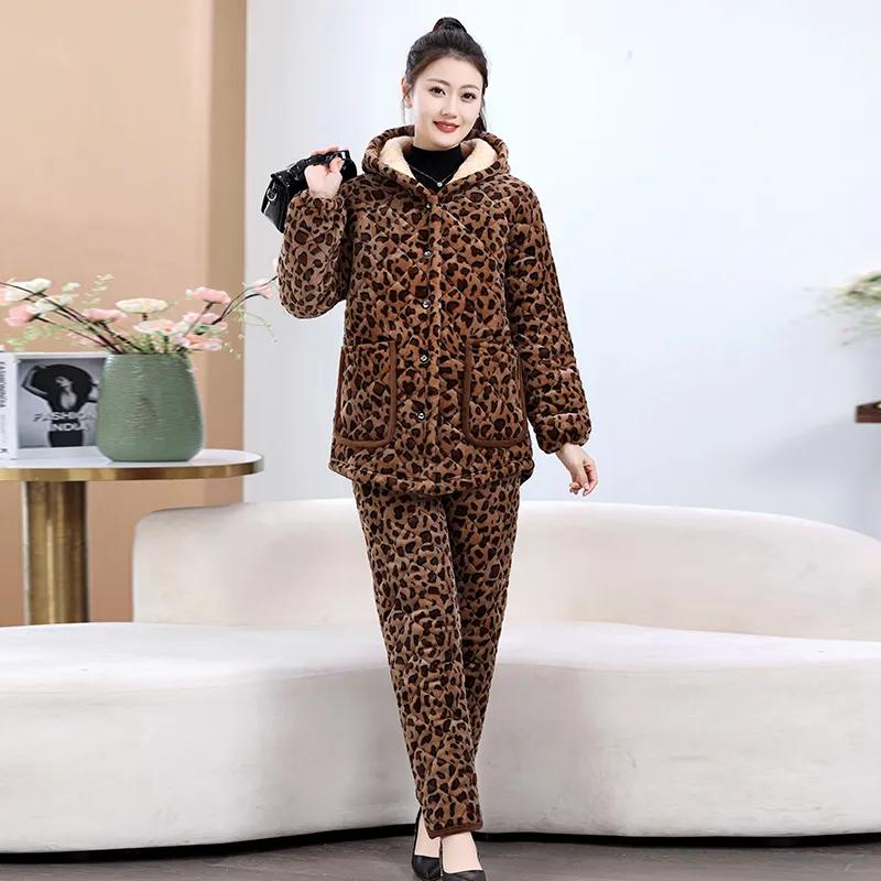 Padded Jacket, Coat, Fashion Home Jacket, Women's Coat, Plus Velvet Thickened Overalls, Leopard-print Padded Coat, Cotton Trousers Suit