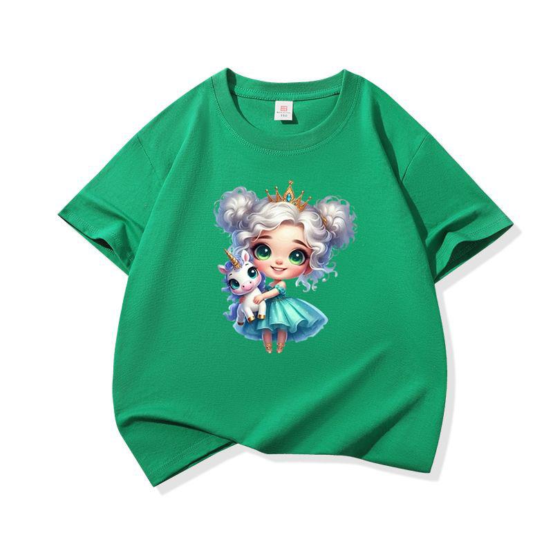 Kids Cotton T Shirt Crowned Princess Girl With Pastel Unicorn Print Crew Neck Short Sleeve Tee Casual Boys Girls Summer Tops