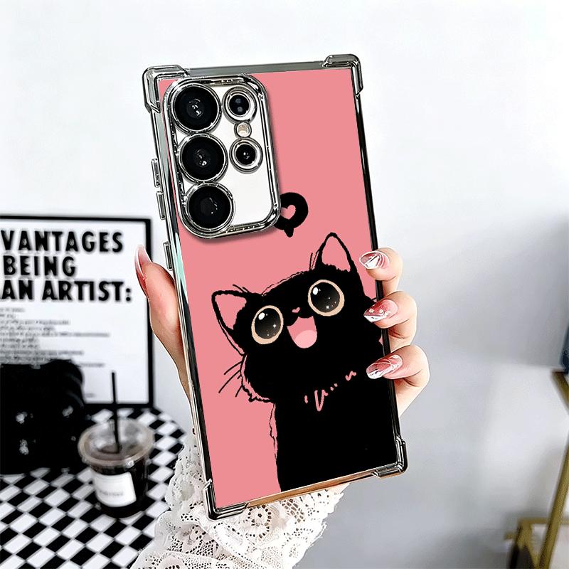 Black Cat Cartoon Cute Plating Phone Case For Samsung Galaxy S24 S25 FE S26 Edge S23 Ultra S22 S21 Plus S20 Anti-Fall Airabag Co