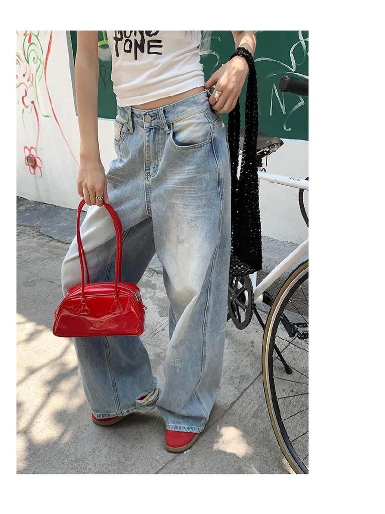 Light Blue High-Waisted Wide-Leg Jeans for Women - Trendy and Slimming Loose-Fit Casual Pants