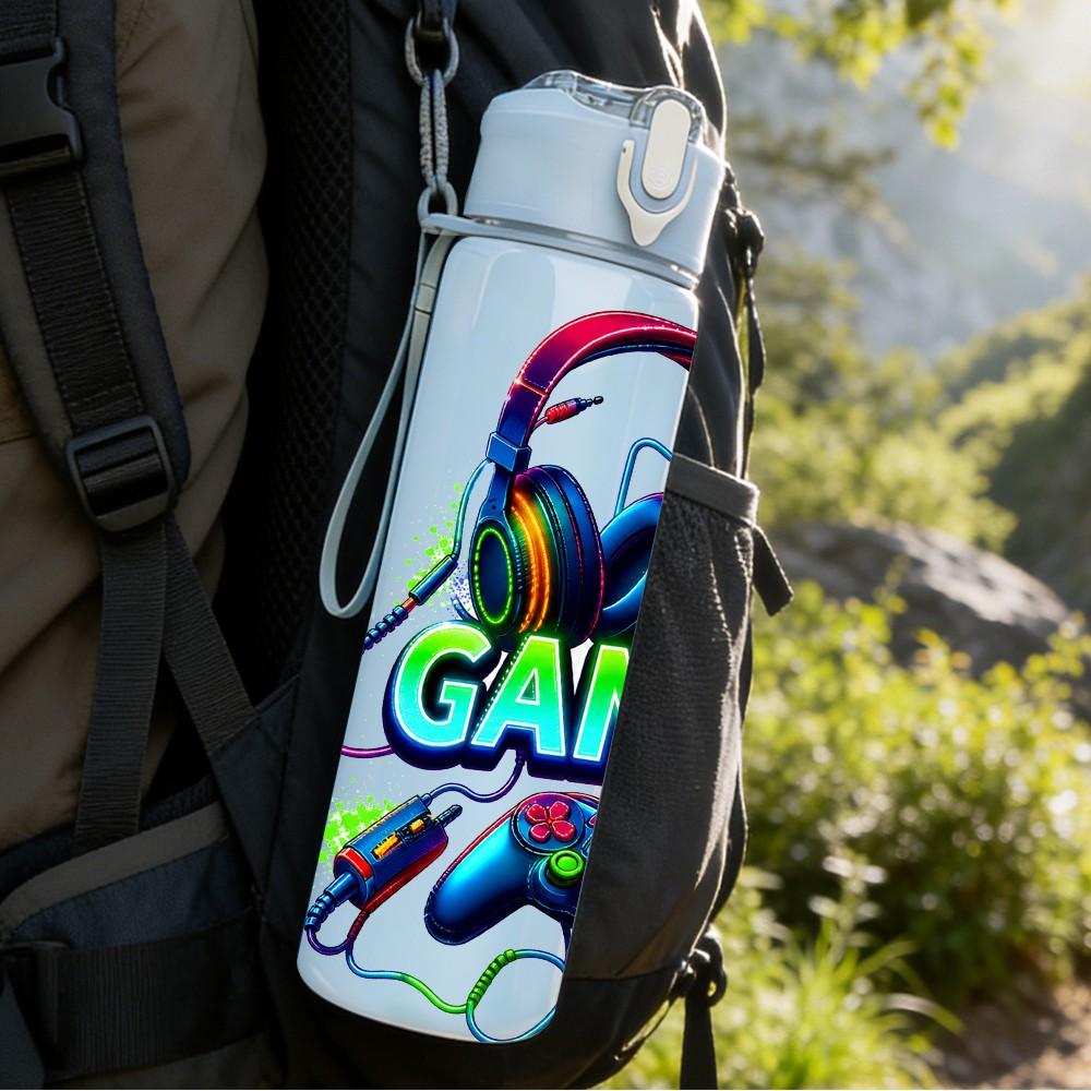 1PC Gamer Headphone Graphic 750ml Color Plastic Sports Water Bottle Leakproof Flip Straw Lid Suitable for Sports Office Home Use