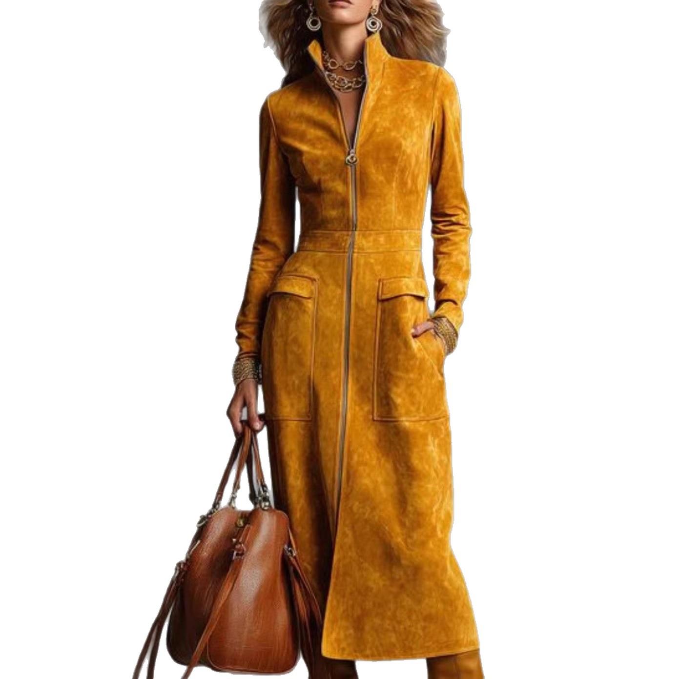 

Европейское и американское женское приталенное платье с молнией и лацканами, длинный рукав - Модная коллекция 2026 M бронзовый