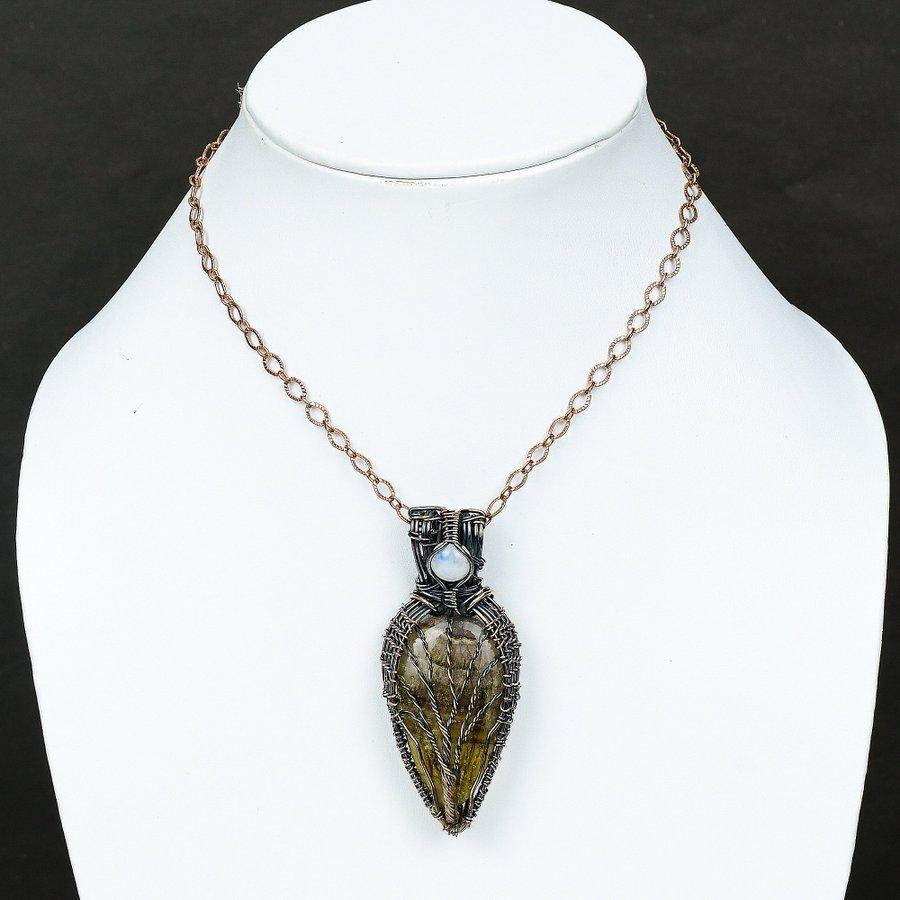 Fluorite, Moonstone Gemstone Copper Wire Wrap Jewelry Pendant 2.84"