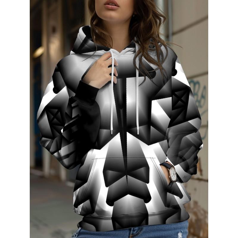 Womens Relaxed Fit Hooded Long Sleeve Sweatshirt With 3D Floral Plaid Print Breathable Comfort Casual Top