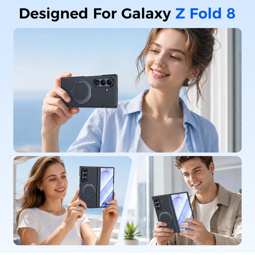 Samsung Galaxy Z Fold 8 Ultra Case with Hinge Protection Magnetic Ring Stand and Tempered Glass Screen Protector-Black
