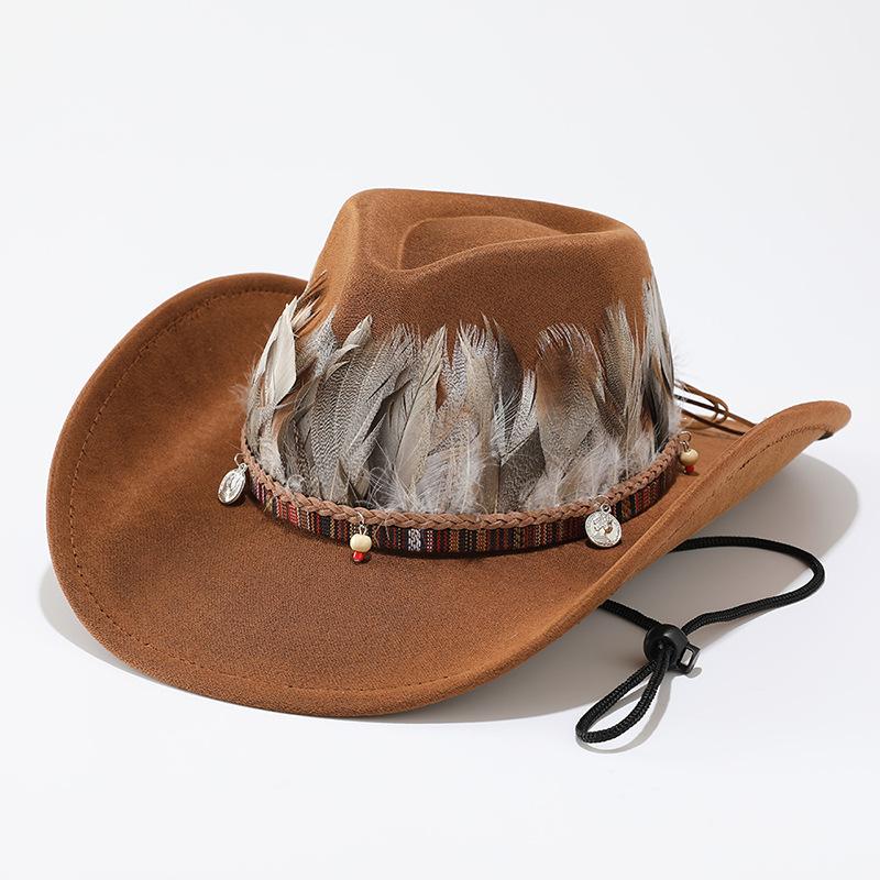 Big eaves western cowboy hat men's autumn and winter suede woolen top hat women's Tibetan feather jazz hat retro style