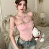 Women's Sweet Lace Off-Shoulder Halter Cami, Bow Detail Slim-Fit Tank with Built-in Bra