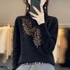 Rhinestone Wool Sweater for Women, Autumn/Winter Collection: Half-High Neck, Knitted, Long & Loose Fit.