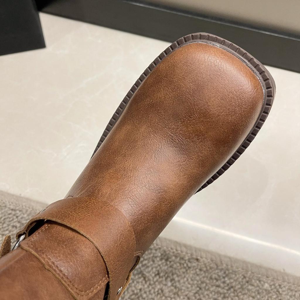 Brune Western Cowboy Støvletter Dame Men Knee Støvletter Metall Belte Spenne Tykk Hæl Plattform Høye Ridestøvler Enkeltstøvletter