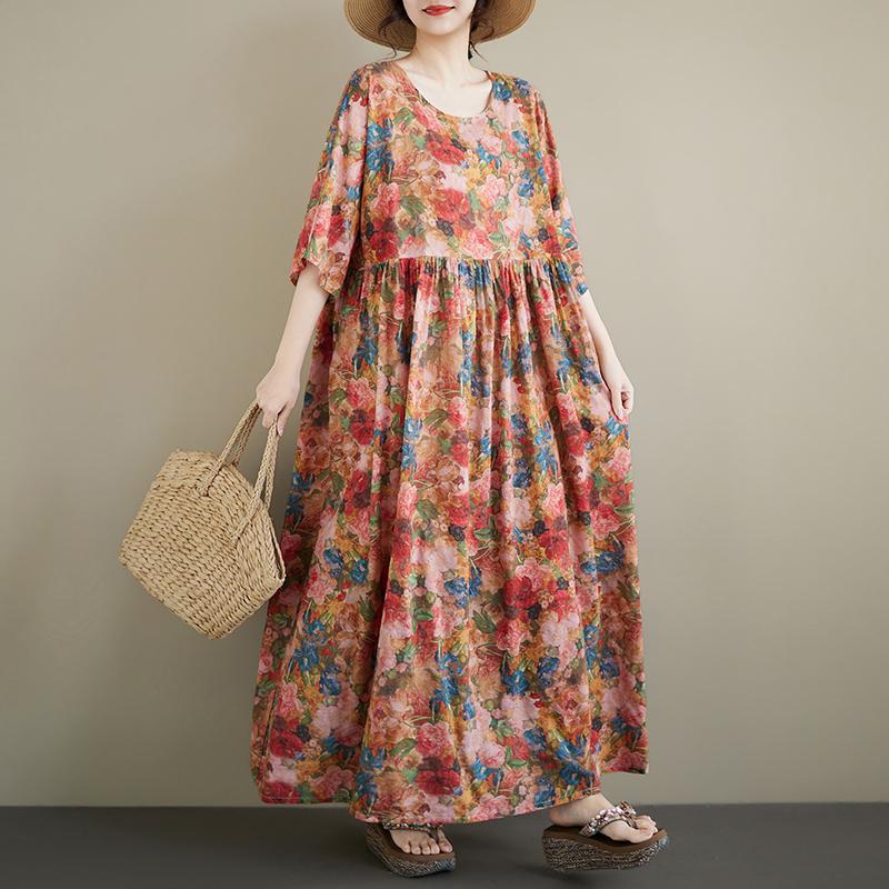 DIMANAF New 2026 Summer Beach Women Plus Size Lady Long Dress Loose Oversize Maxi Fashion Floral Print Cotton